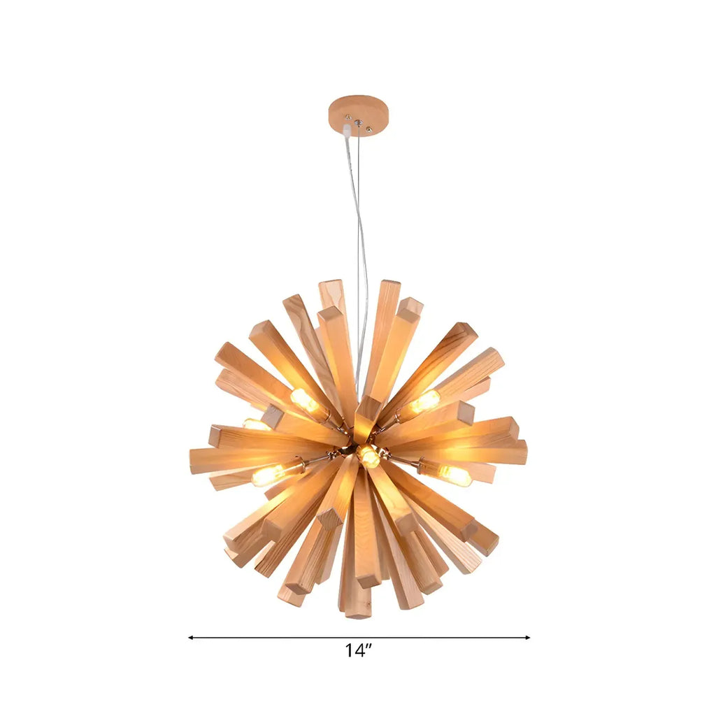 Lustre en bois style moderne du milieu du siècle, forme d'étoile, lumière chaude