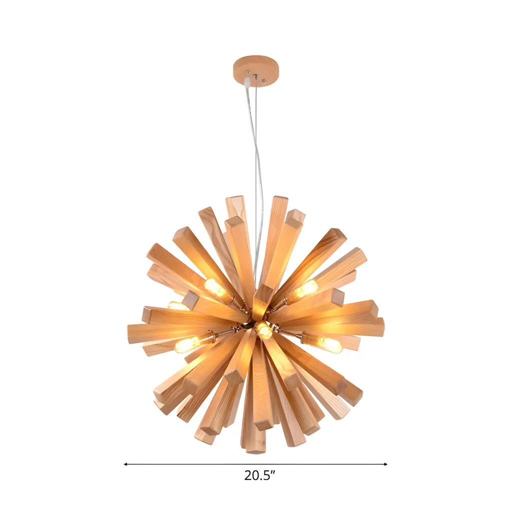 Lustre en bois style moderne du milieu du siècle, forme d'étoile, lumière chaude