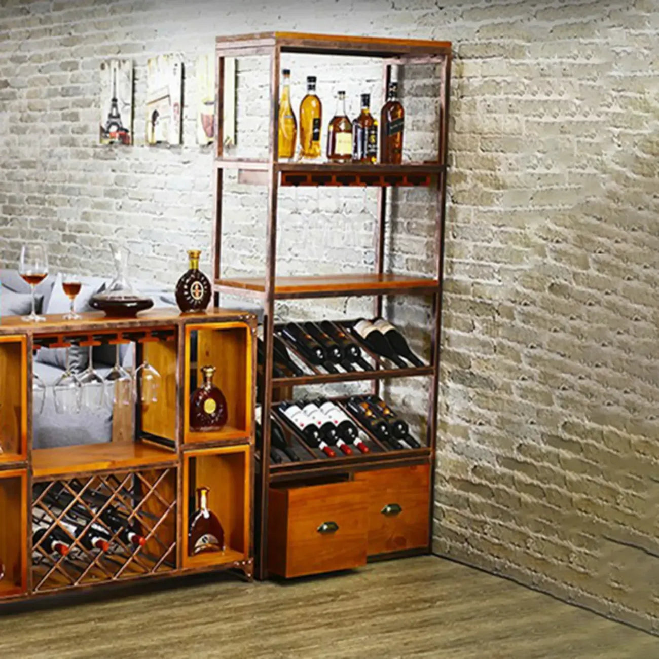 Étagère à vin industrielle en métal sur pied pour bouteilles et verres