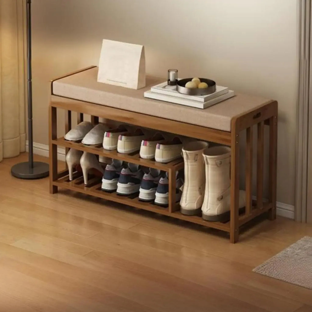 Banc de rangement à chaussures classique en bambou marron rembourré