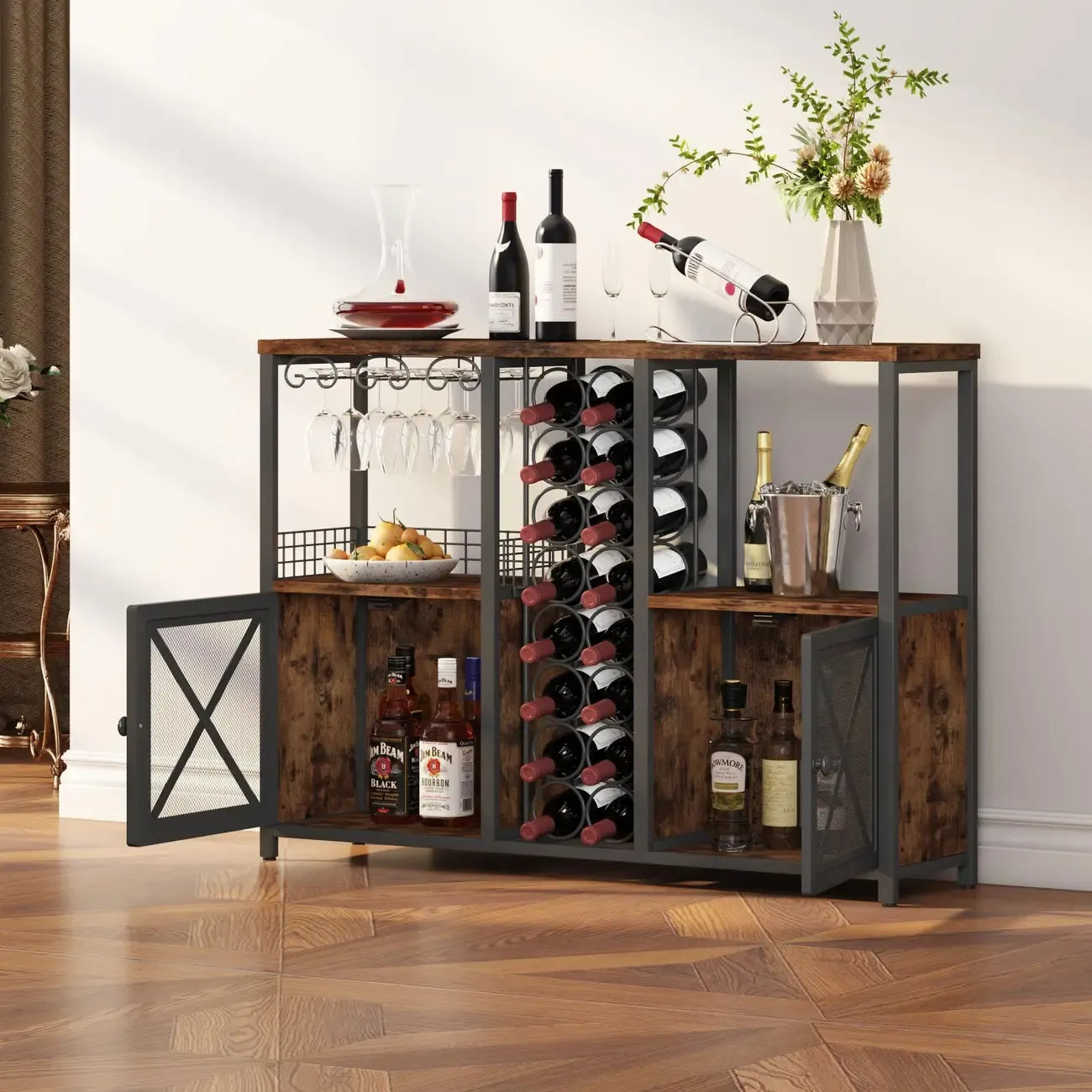Étagère à bouteilles et verres à vin en bois à plusieurs niveaux, sur pied