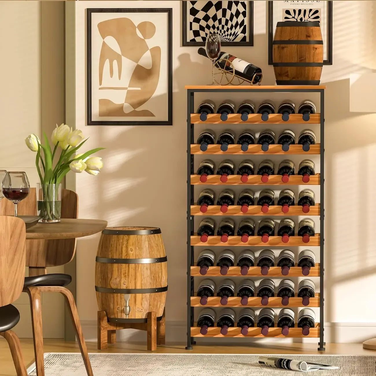 Portabottiglie da vino da pavimento autoportante a 8 livelli per 48 bottiglie con piano in legno