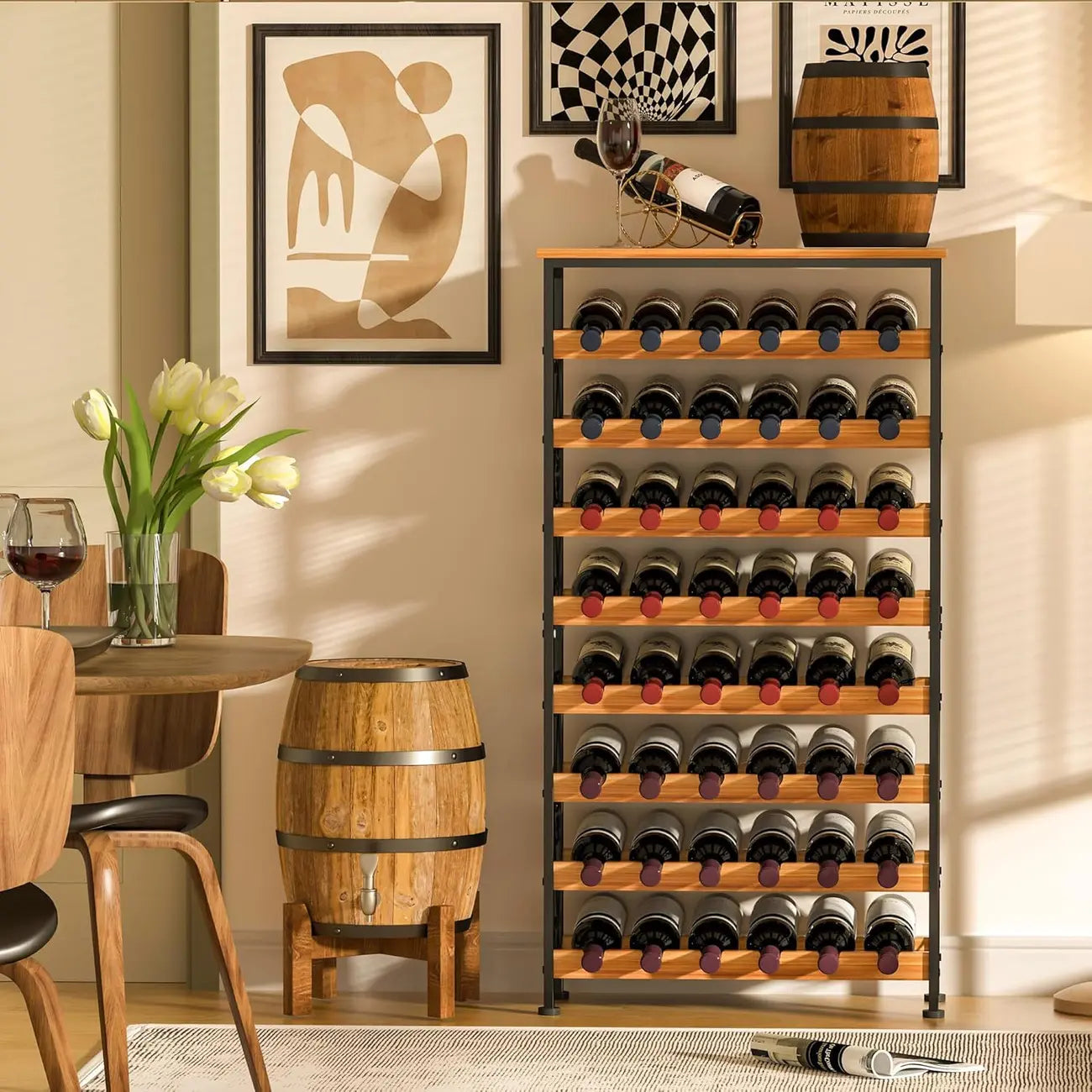 Portabottiglie da vino da pavimento autoportante a 8 livelli per 48 bottiglie con piano in legno
