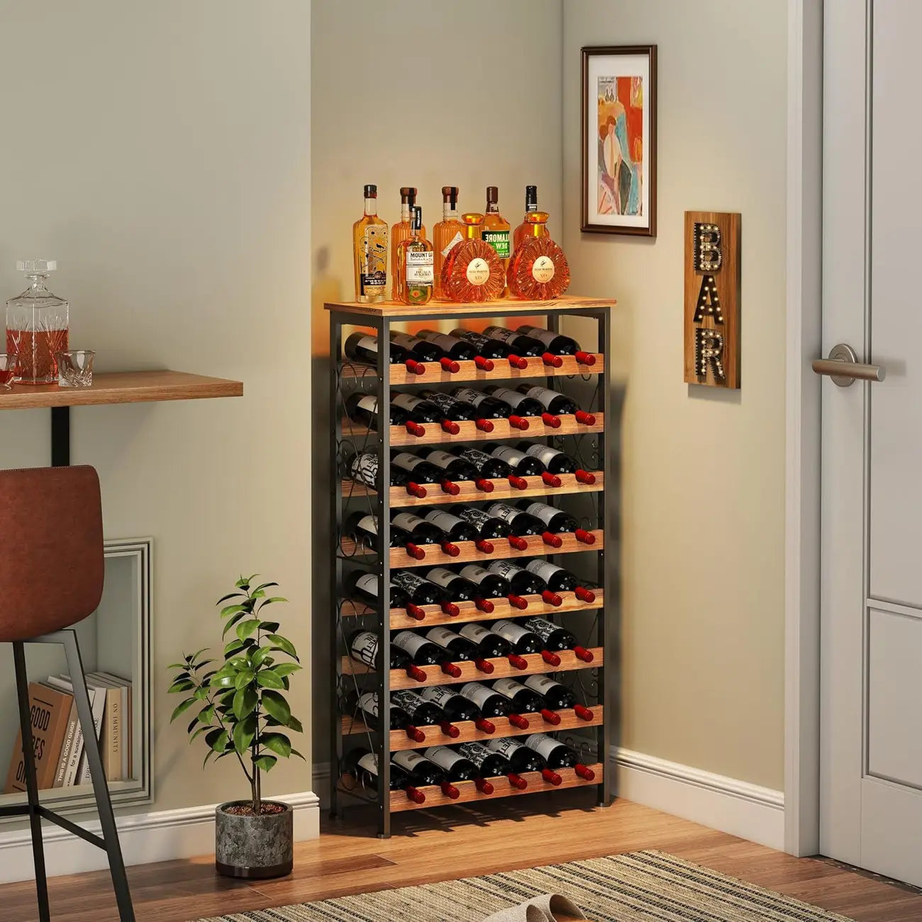 Portabottiglie da vino da pavimento autoportante a 8 livelli per 48 bottiglie con piano in legno