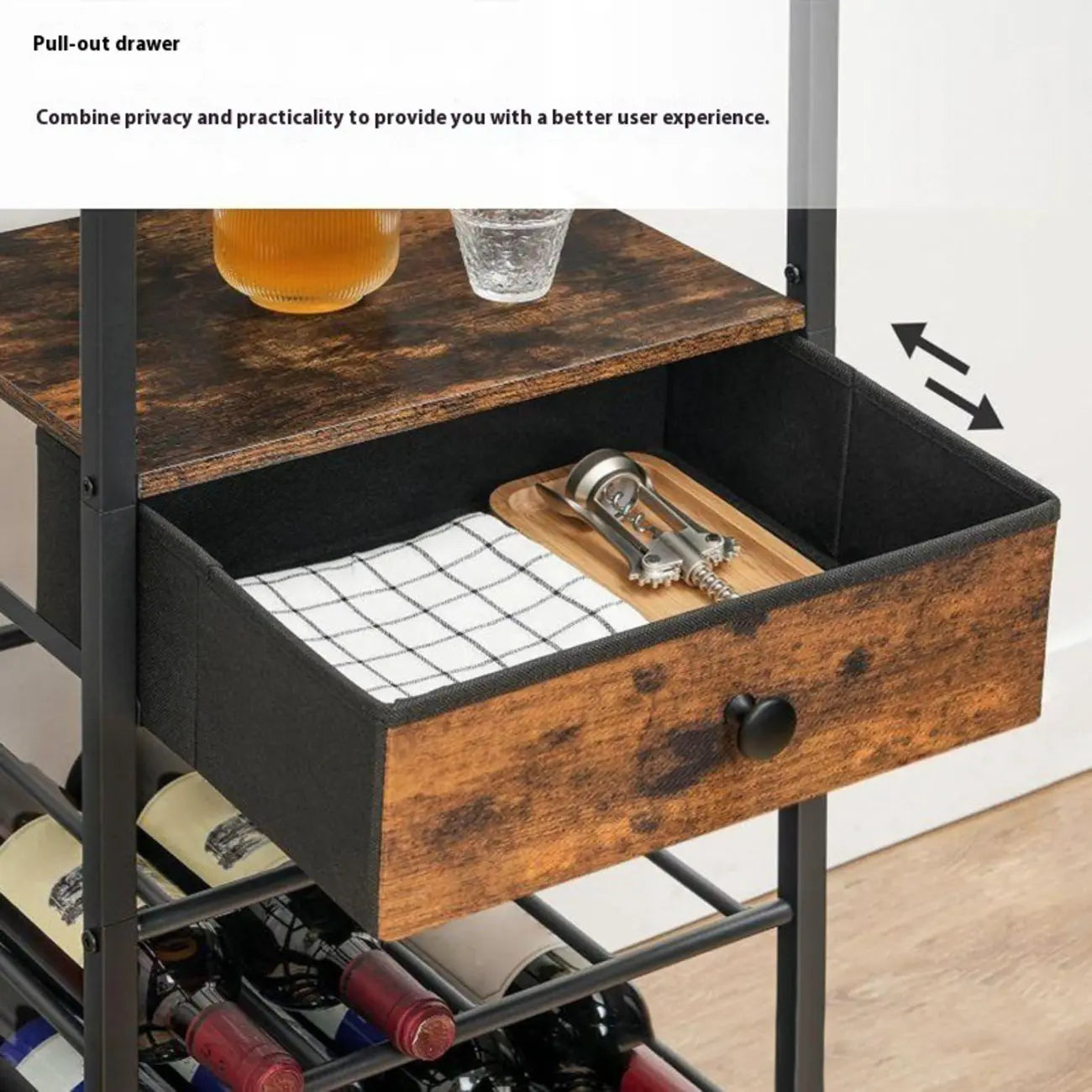 Scaffale porta bottiglie e bicchieri da vino a 4 ripiani con ripiani in vetro e cassetti