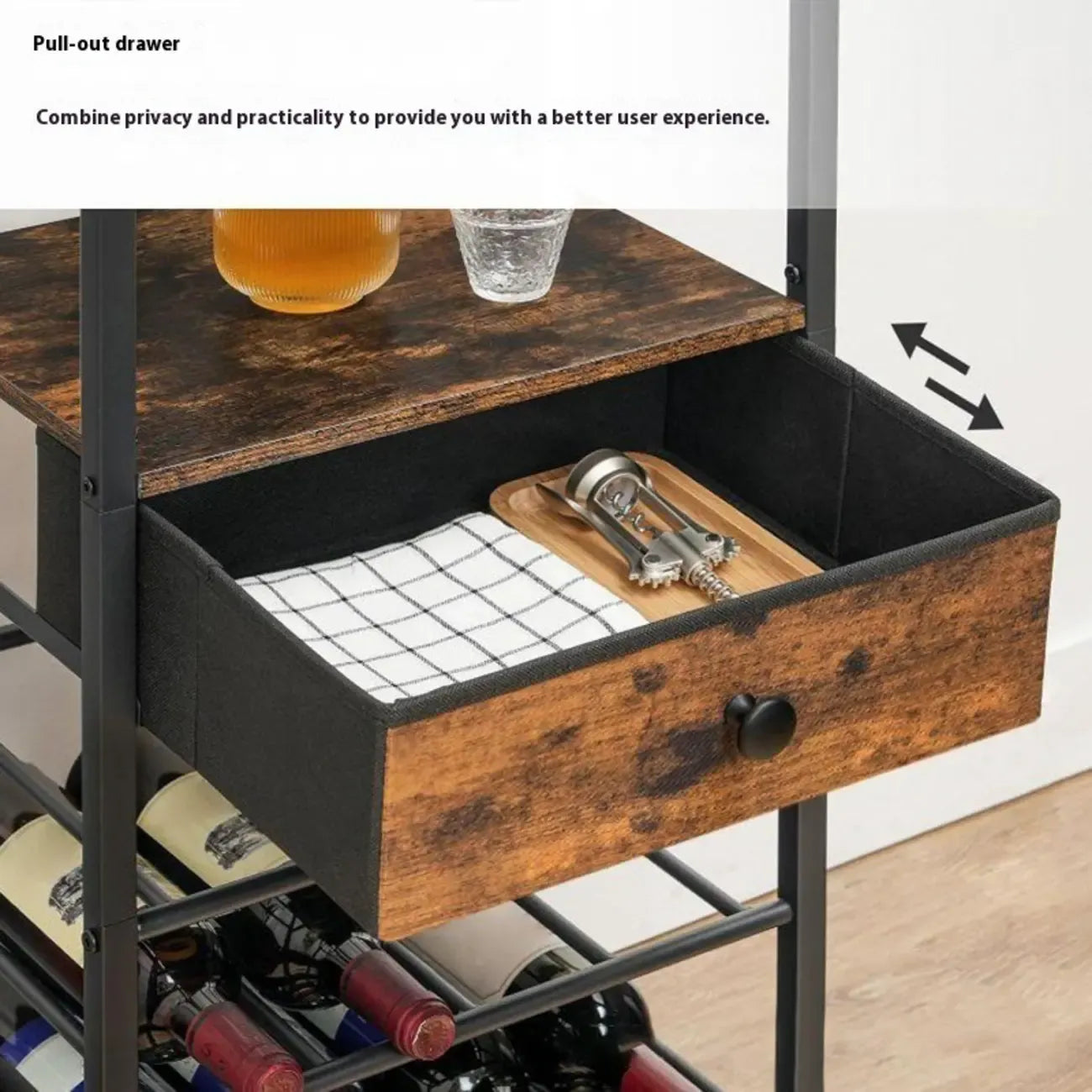 Scaffale porta bottiglie e bicchieri da vino a 4 ripiani con ripiani in vetro e cassetti