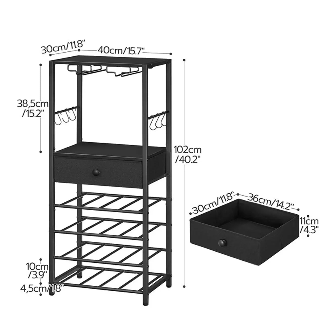Scaffale porta bottiglie e bicchieri da vino a 4 ripiani con ripiani in vetro e cassetti