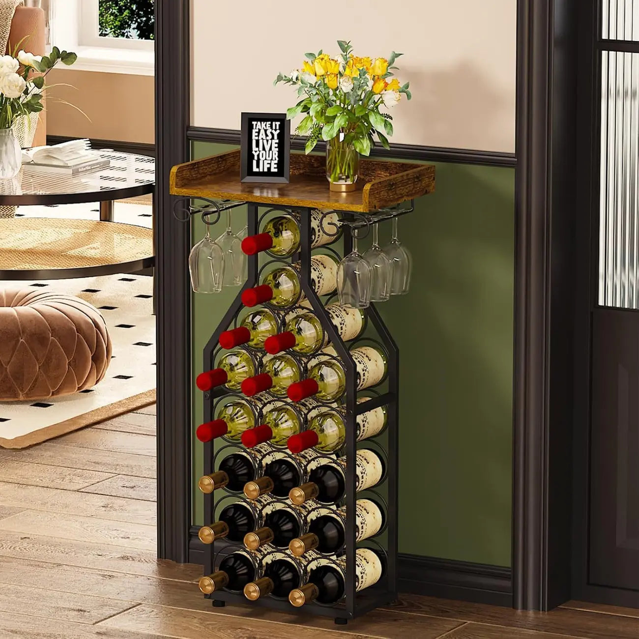Présentoir moderne sur pied pour 19 bouteilles de vin et 9 verres