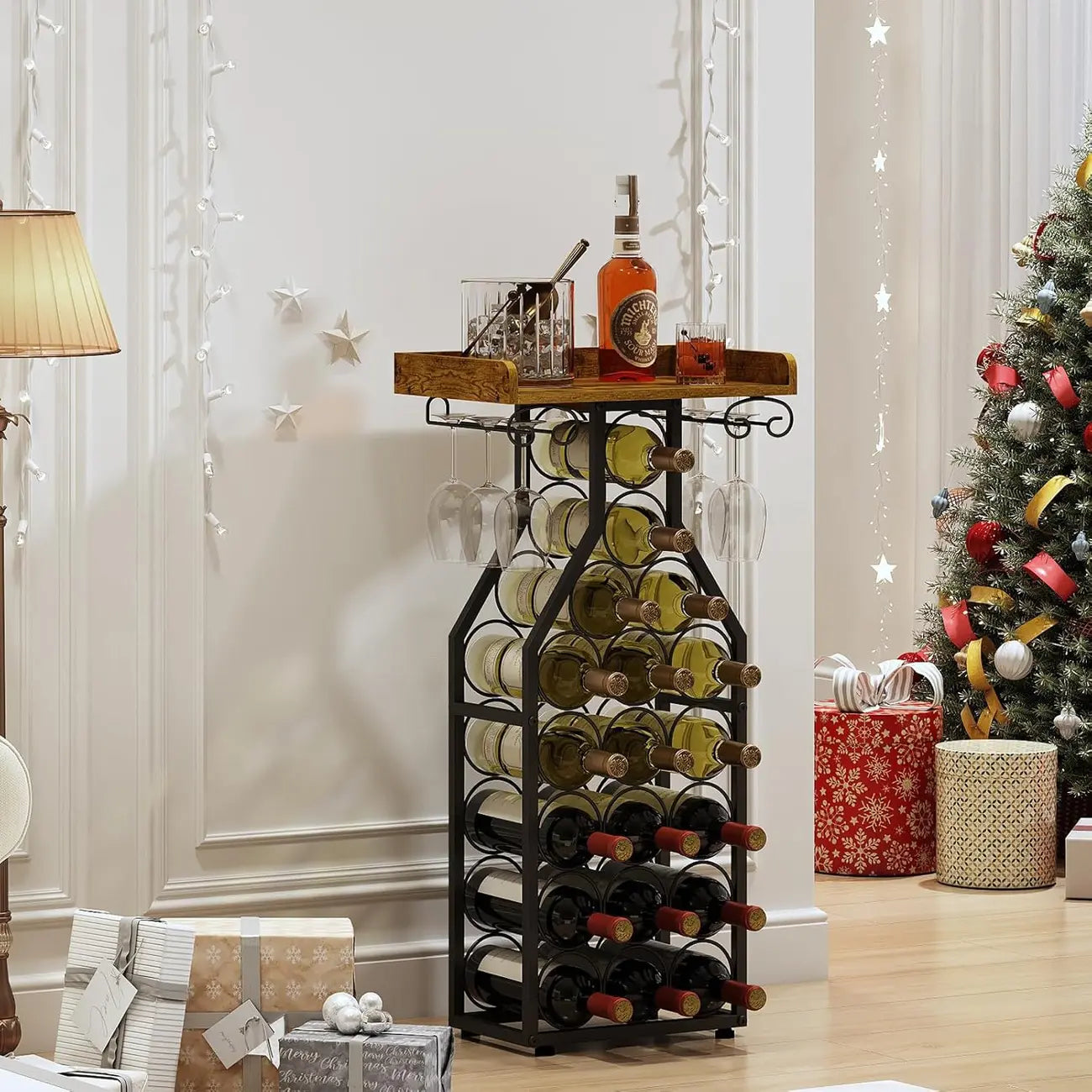 Présentoir moderne sur pied pour 19 bouteilles de vin et 9 verres