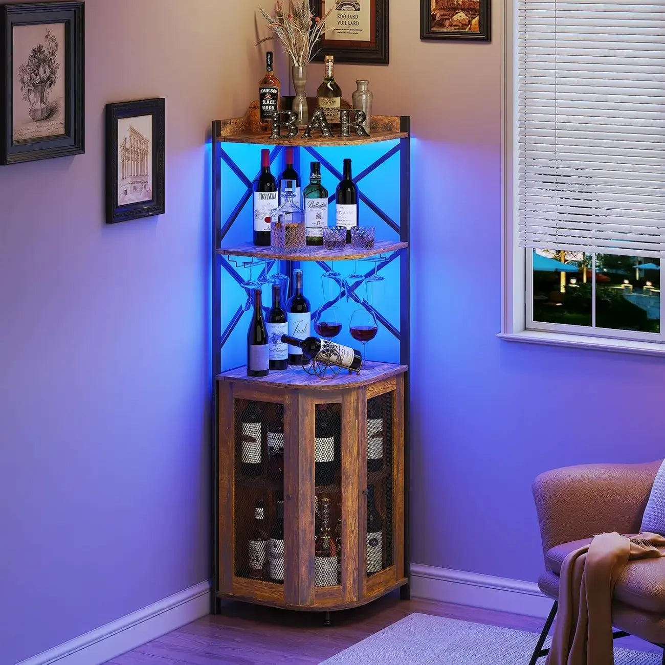 Armoire à vin d'angle suspendue avec éclairage LED et ventilateur indépendant en forme de