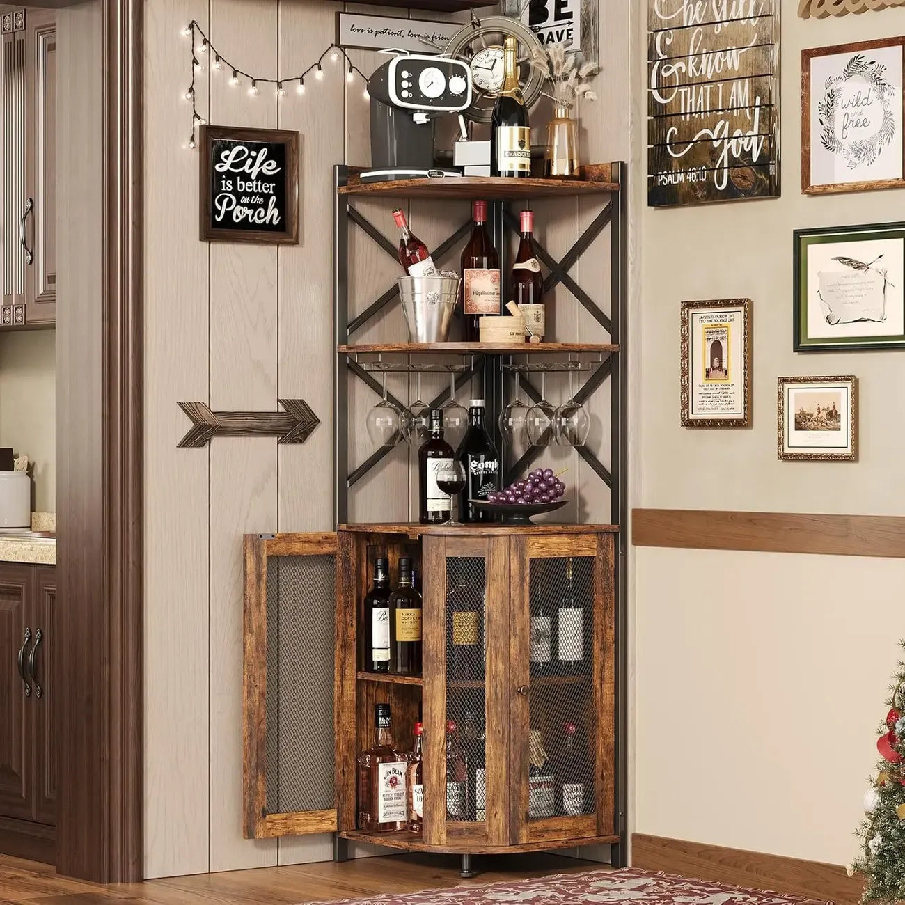 Armoire à vin d'angle suspendue avec éclairage LED et ventilateur indépendant en forme de
