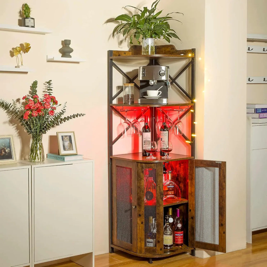 Armoire à vin d'angle suspendue avec éclairage LED et ventilateur indépendant en forme de