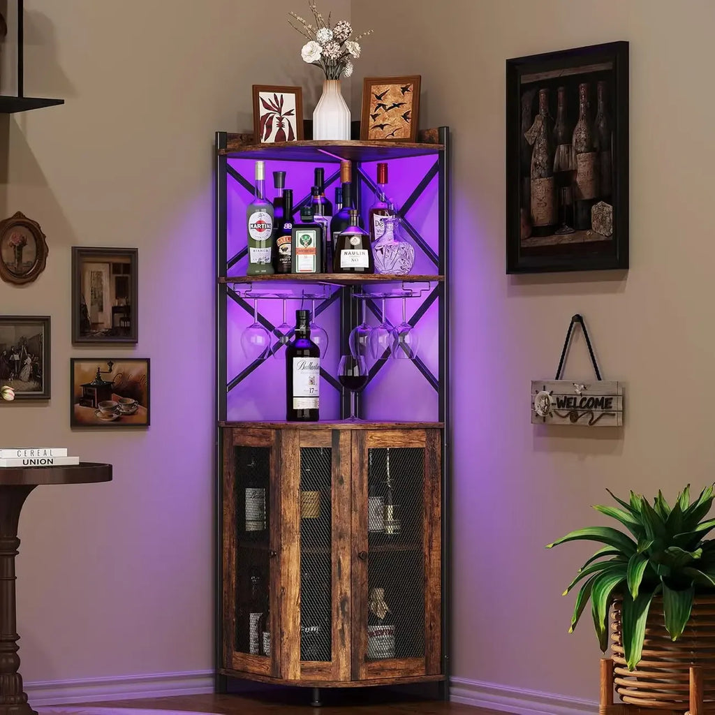 Armoire à vin d'angle suspendue avec éclairage LED et ventilateur indépendant en forme de
