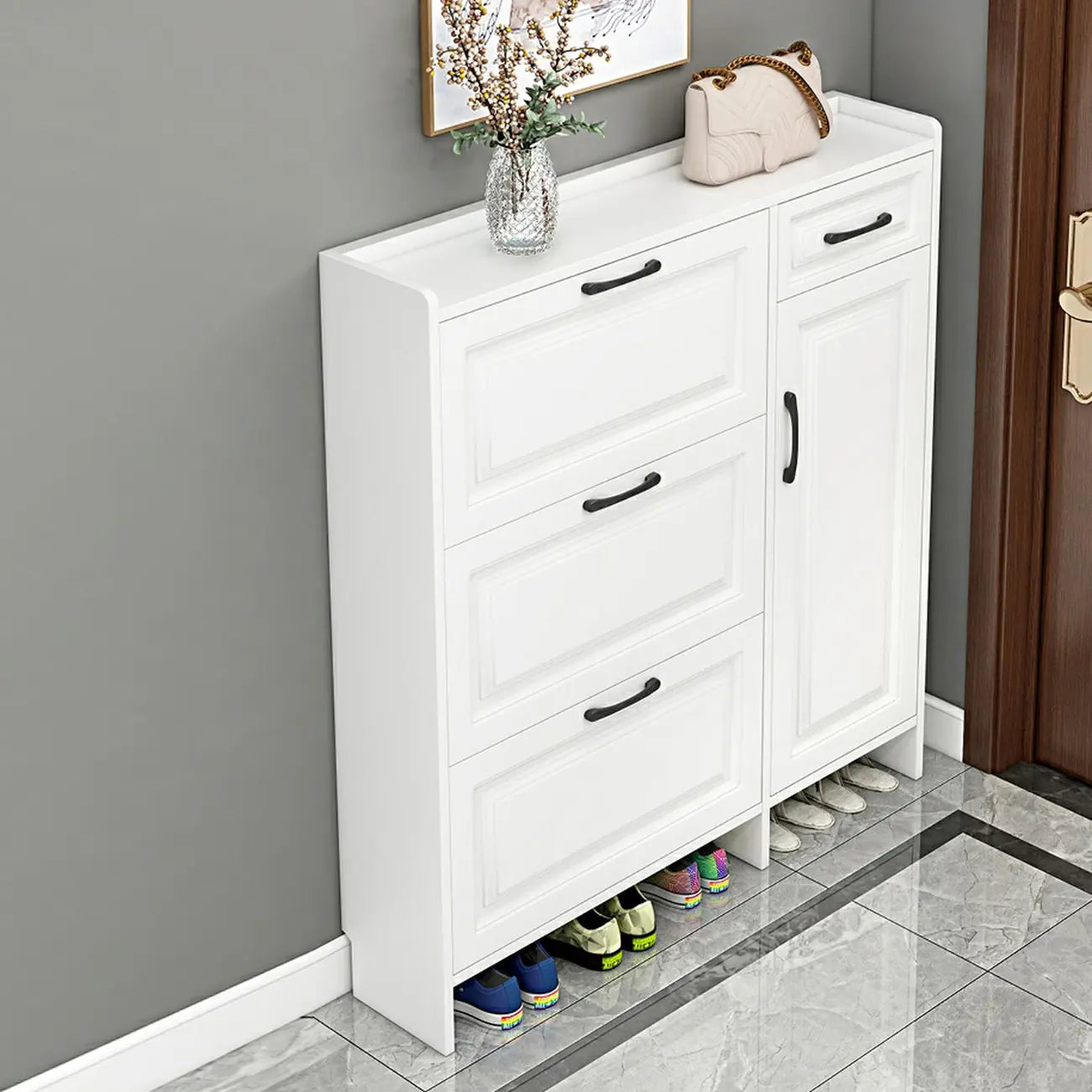 Armoire à chaussures étroite en bois blanc pour entrée
