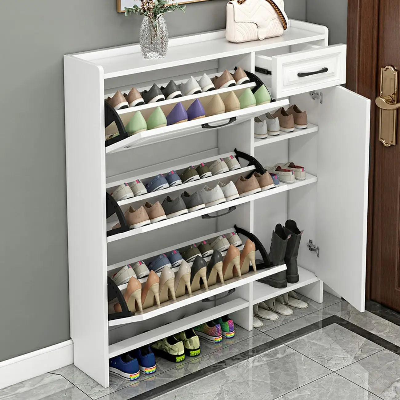 Armoire à chaussures étroite en bois blanc pour entrée
