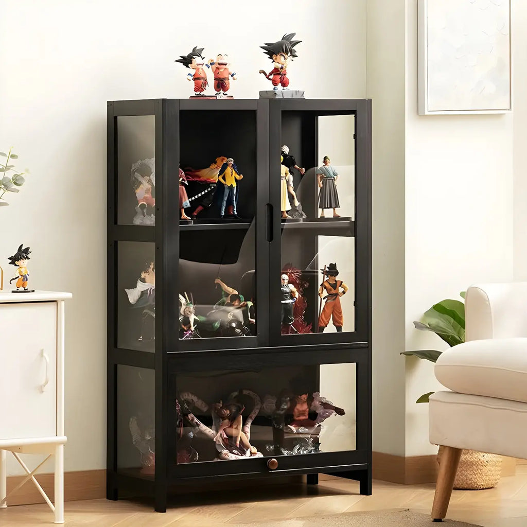 Vitrine moderne en bambou noir avec étagères réglables et étagères en verre