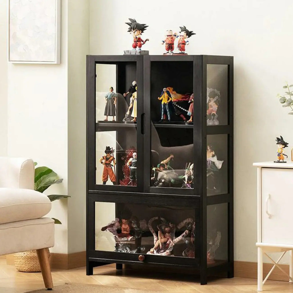 Vitrine moderne en bambou noir avec étagères réglables et étagères en verre