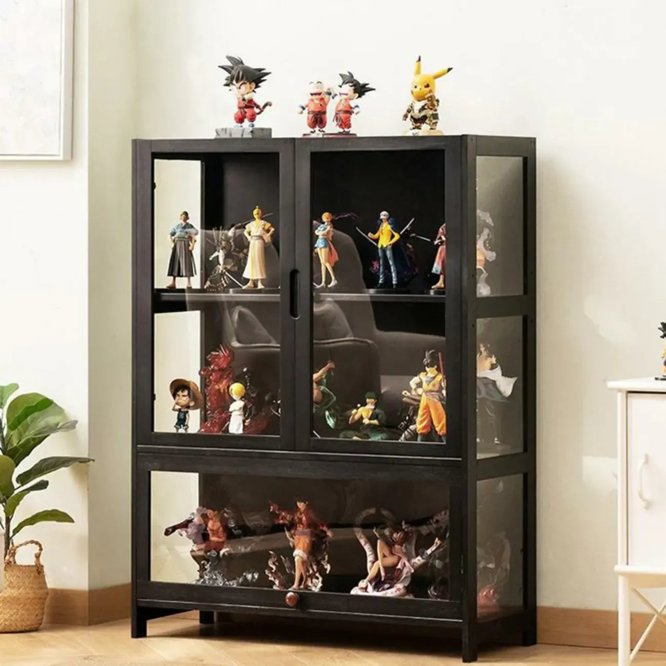 Vitrine moderne en bambou noir avec étagères réglables et étagères en verre