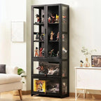 Vitrine moderne en bambou noir avec étagères réglables et étagères en verre