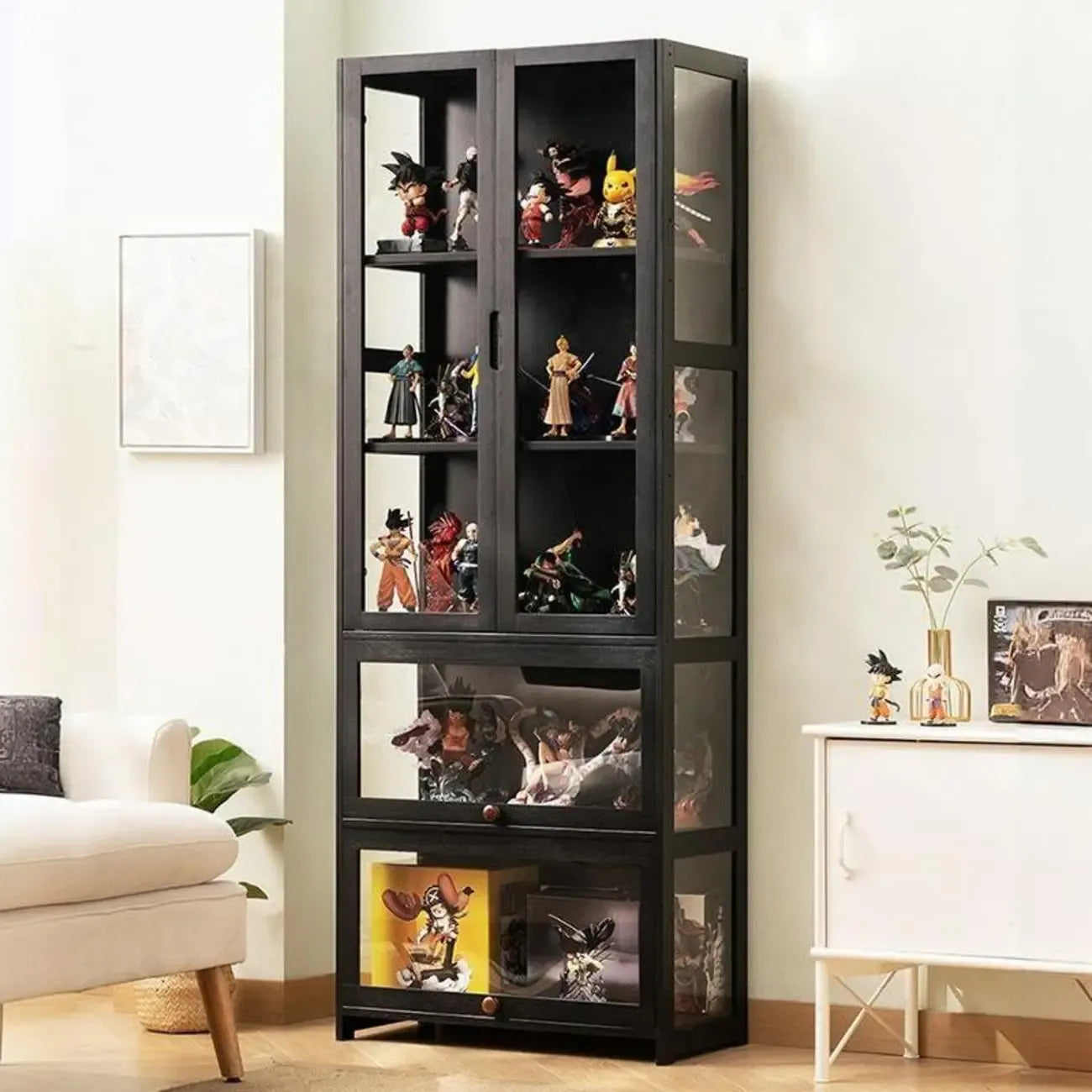 Vitrine moderne en bambou noir avec étagères réglables et étagères en verre