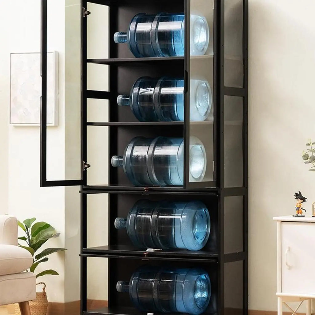 Vitrine moderne en bambou noir avec étagères réglables et étagères en verre