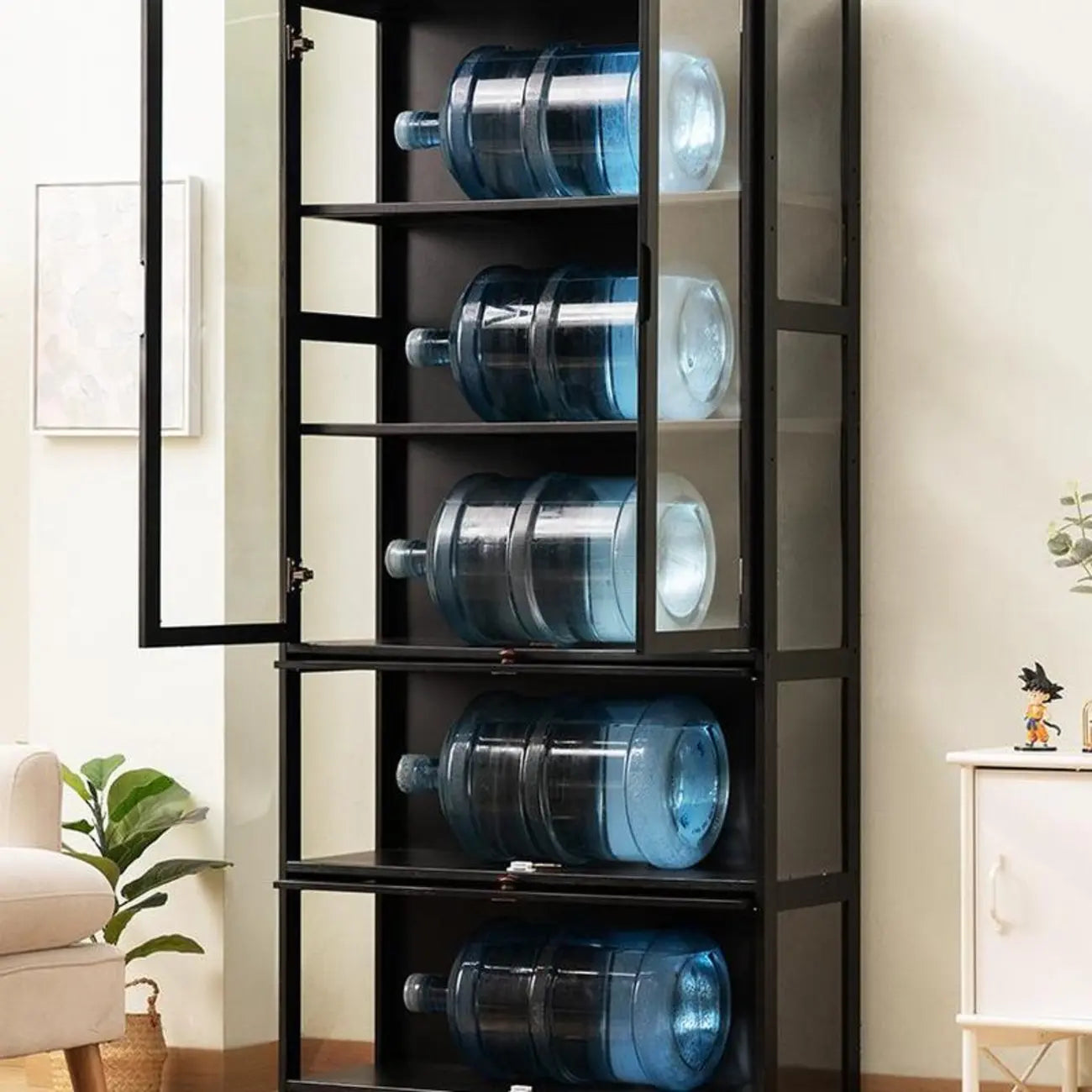 Vitrine moderne en bambou noir avec étagères réglables et étagères en verre