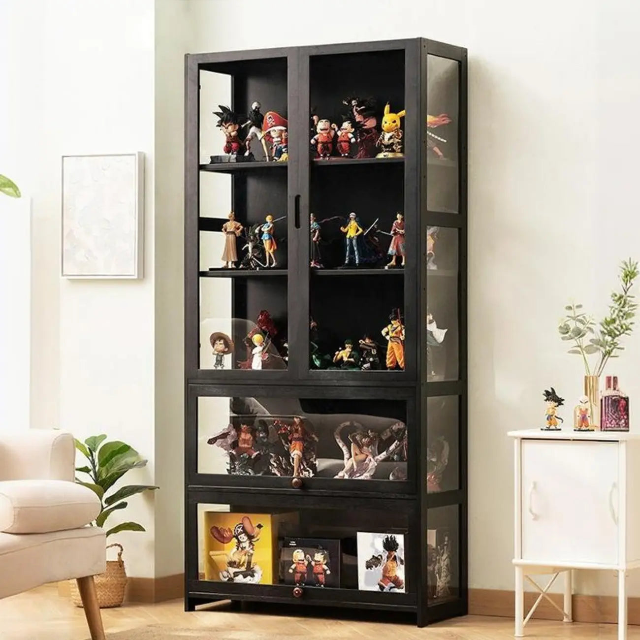 Vitrine moderne en bambou noir avec étagères réglables et étagères en verre