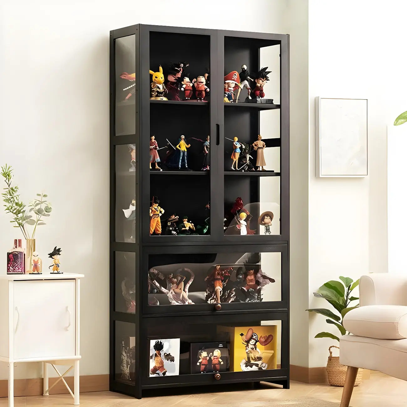Vitrine moderne en bambou noir avec étagères réglables et étagères en verre