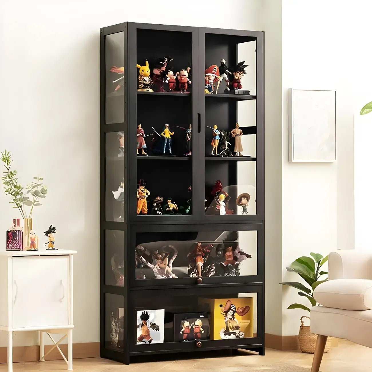 Vitrine moderne en bambou noir avec étagères réglables et étagères en verre