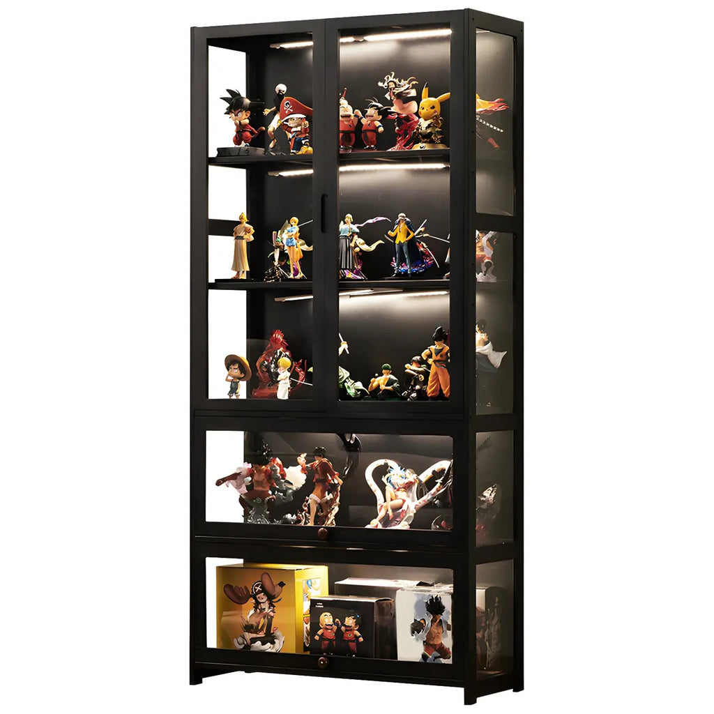 Vitrine moderne en bambou noir avec étagères réglables et étagères en verre