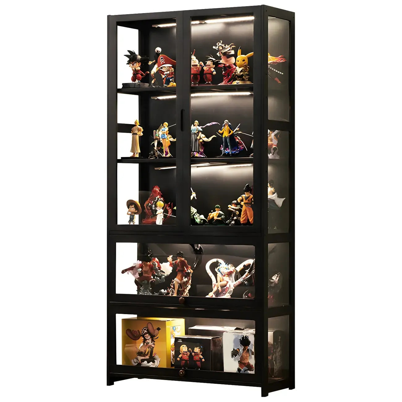 Vitrine moderne en bambou noir avec étagères réglables et étagères en verre