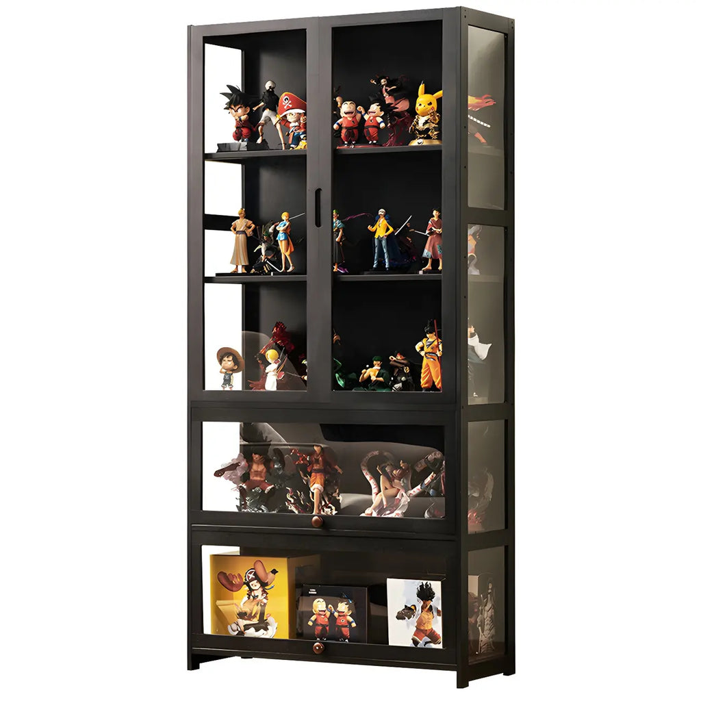 Vitrine moderne en bambou noir avec étagères réglables et étagères en verre