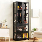 Vitrine moderne en bambou noir avec étagères réglables et étagères en verre