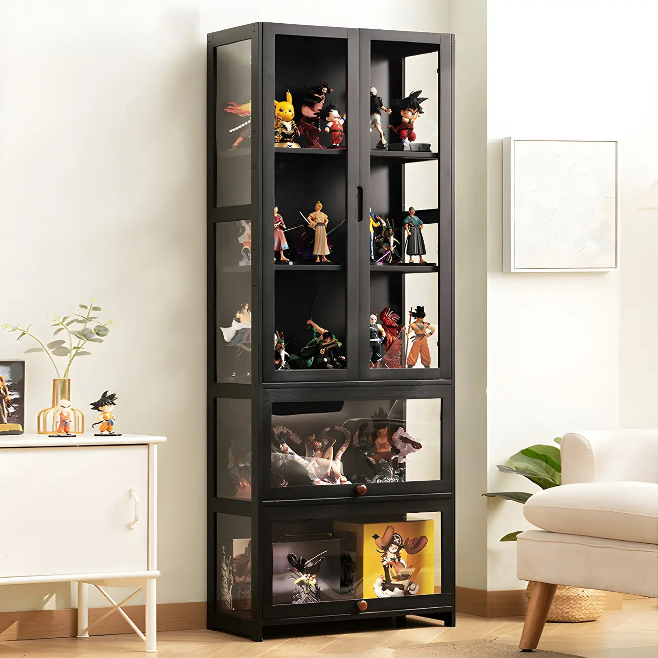 Vitrine moderne en bambou noir avec étagères réglables et étagères en verre