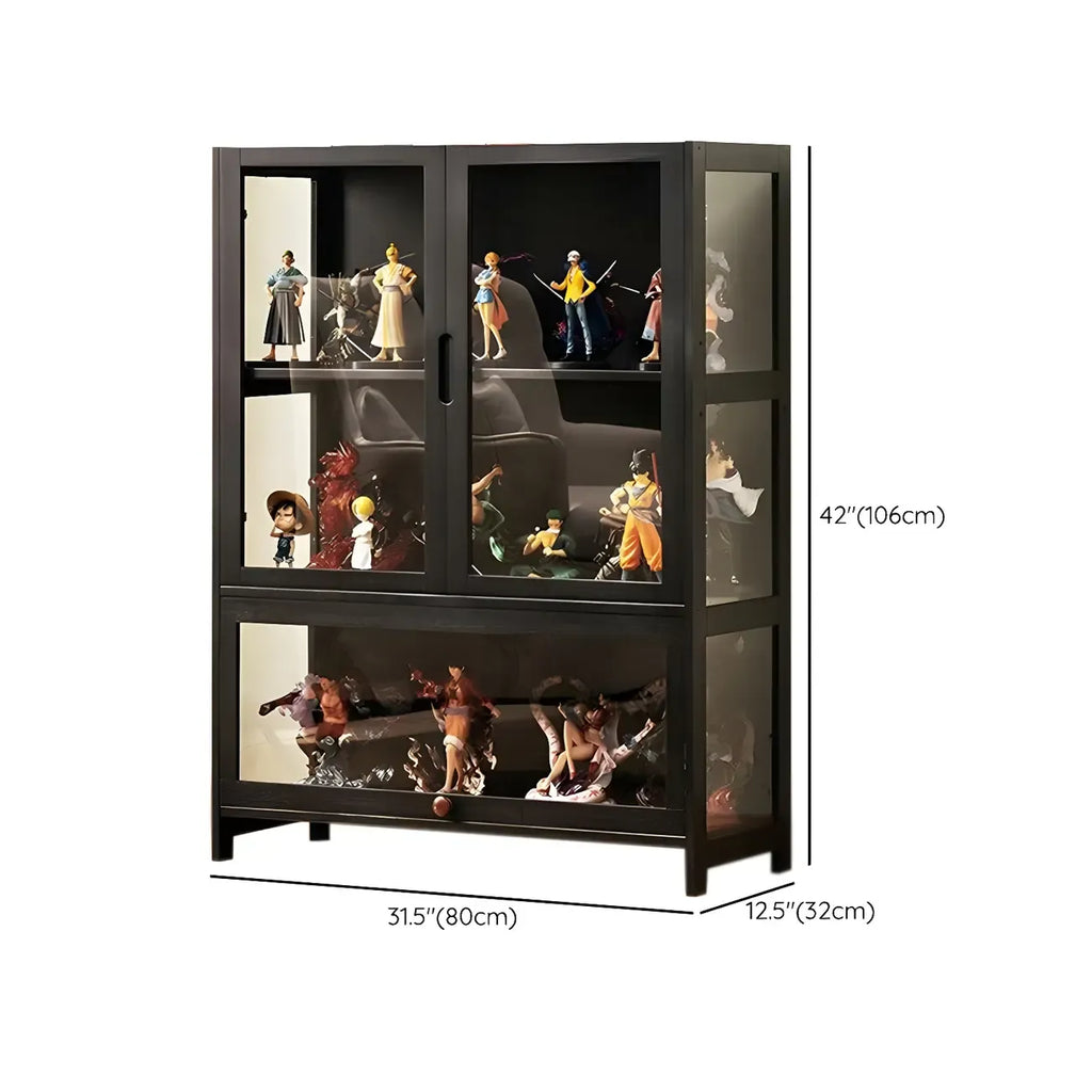 Vitrine moderne en bambou noir avec étagères réglables et étagères en verre