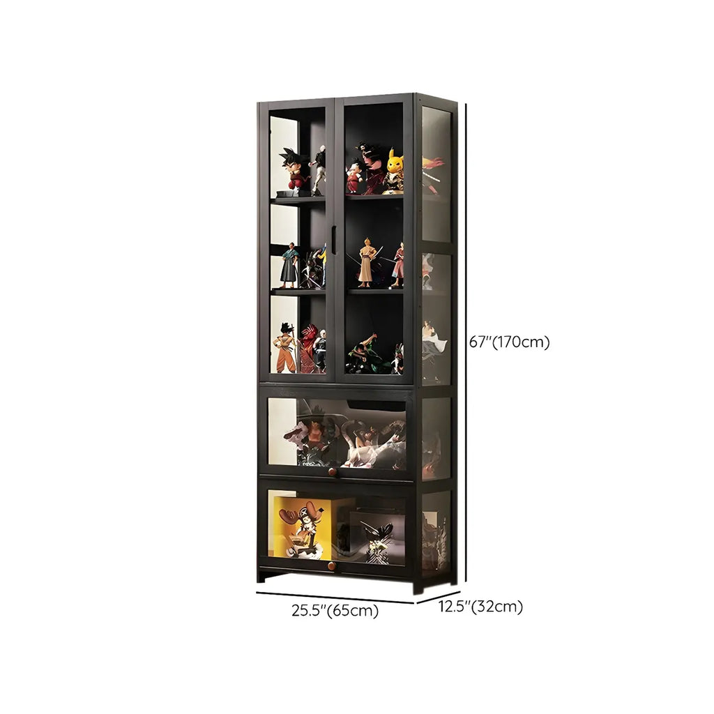 Vitrine moderne en bambou noir avec étagères réglables et étagères en verre
