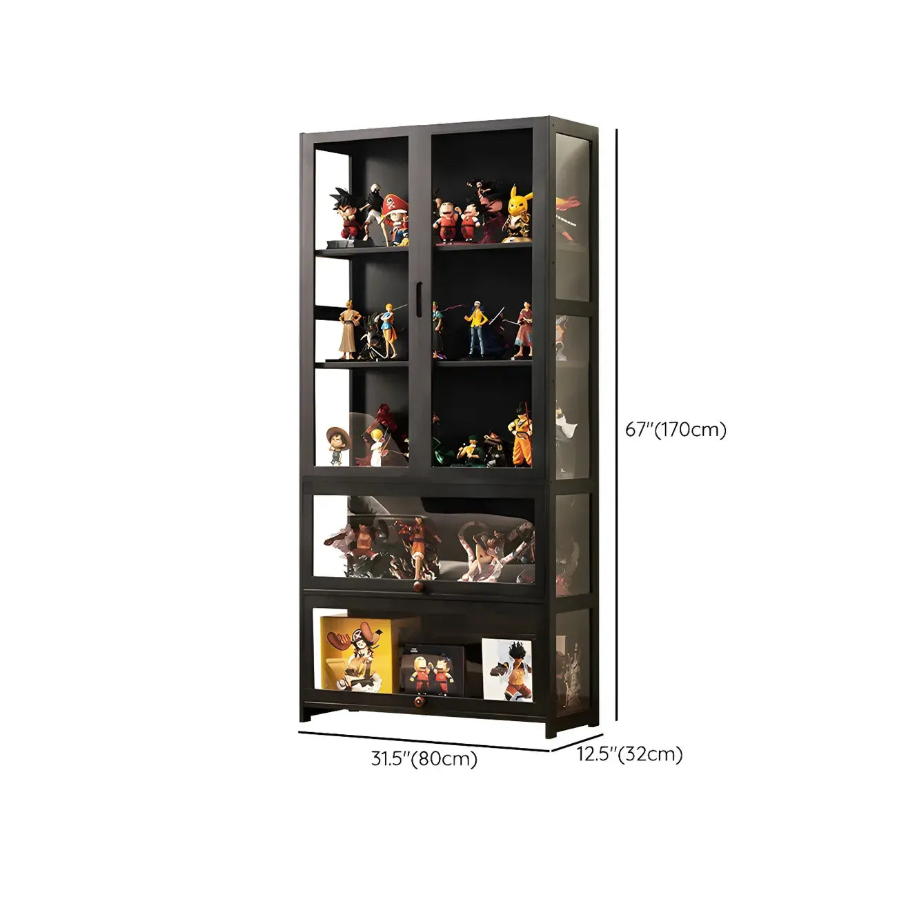 Vitrine moderne en bambou noir avec étagères réglables et étagères en verre