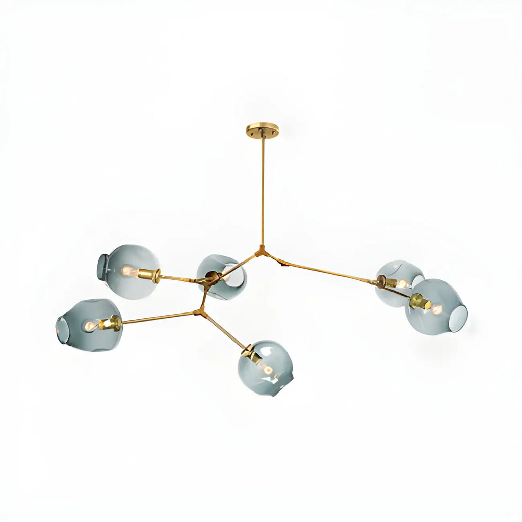 Lustre industriel Sputnik avec globes en verre bleu clair