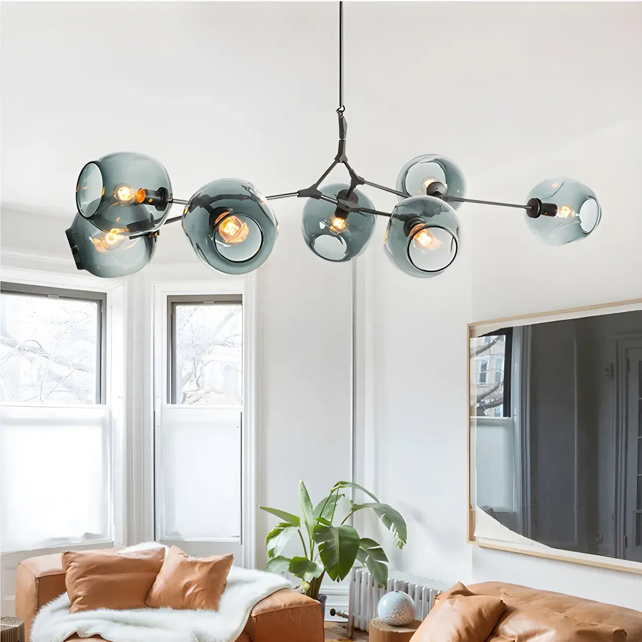 Lustre industriel Sputnik avec globes en verre bleu clair