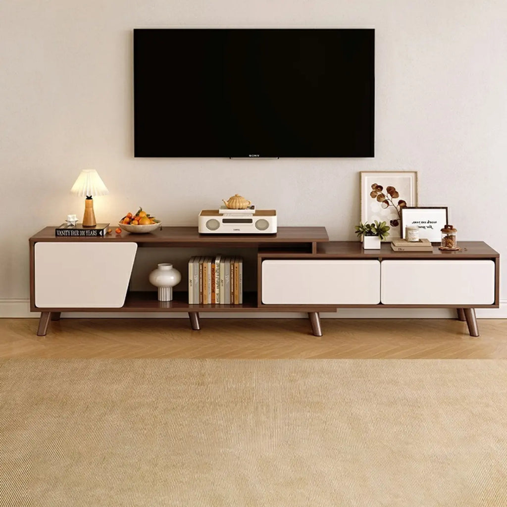 Mobile TV con cassetti portaoggetti aperti in legno naturale da 78,7" con gambe