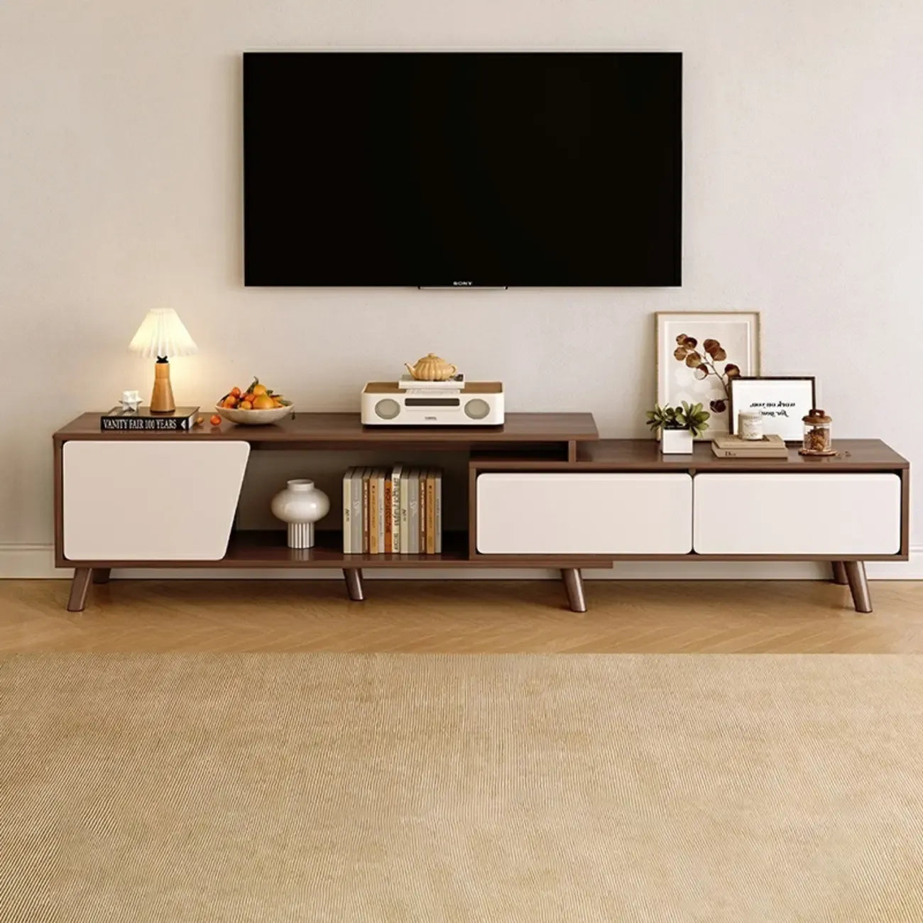 Mobile TV con cassetti portaoggetti aperti in legno naturale da 78,7" con gambe