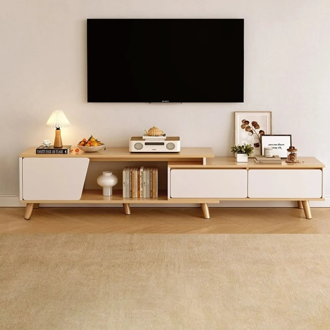 Mobile TV con cassetti portaoggetti aperti in legno naturale da 78,7" con gambe