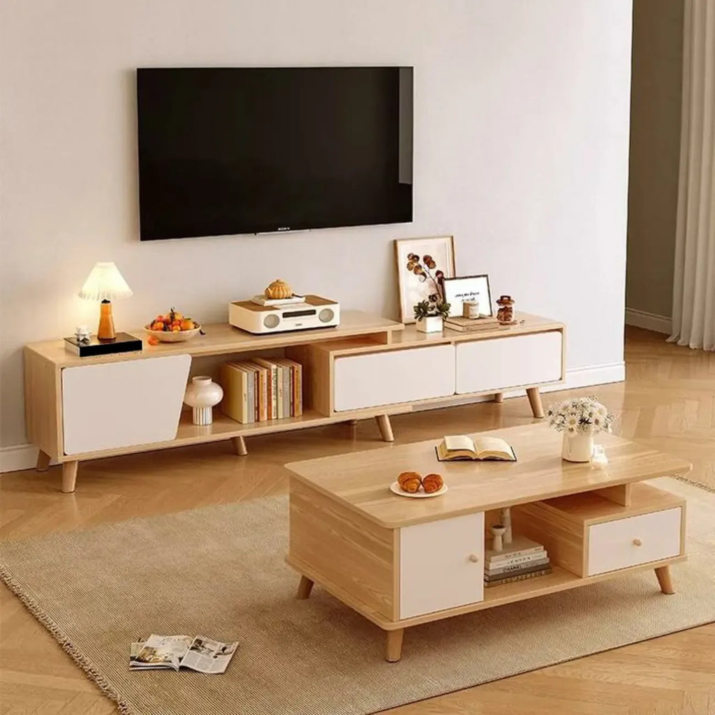 Mobile TV con cassetti portaoggetti aperti in legno naturale da 78,7" con gambe