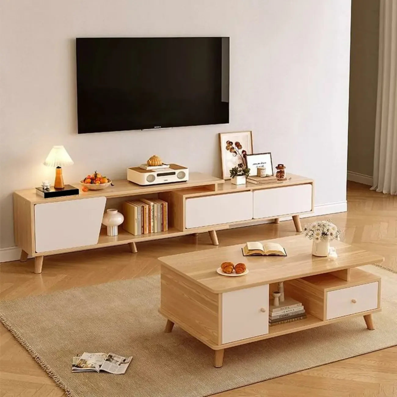 Mobile TV con cassetti portaoggetti aperti in legno naturale da 78,7" con gambe