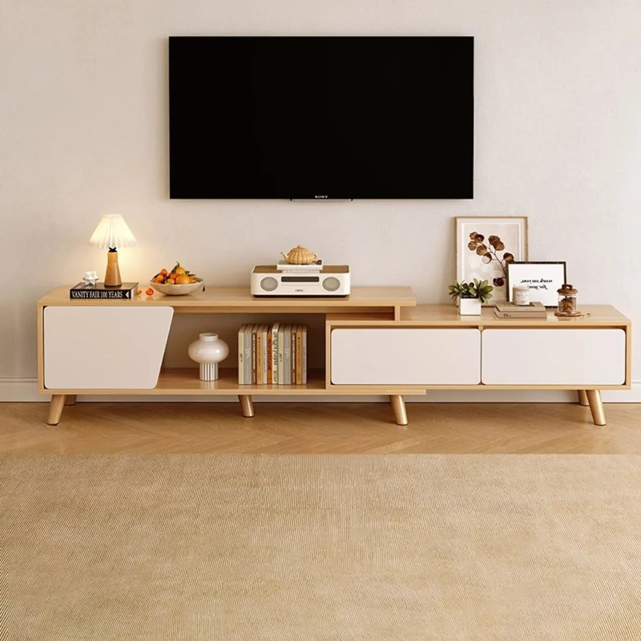 Mobile TV con cassetti portaoggetti aperti in legno naturale da 78,7" con gambe