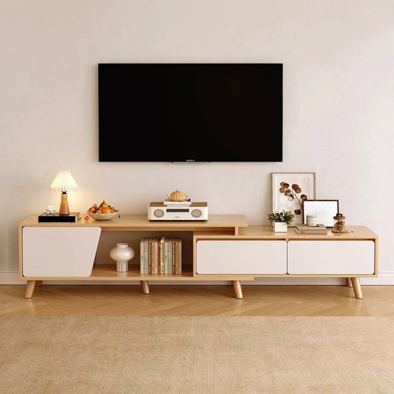 Mobile TV con cassetti portaoggetti aperti in legno naturale da 78,7" con gambe
