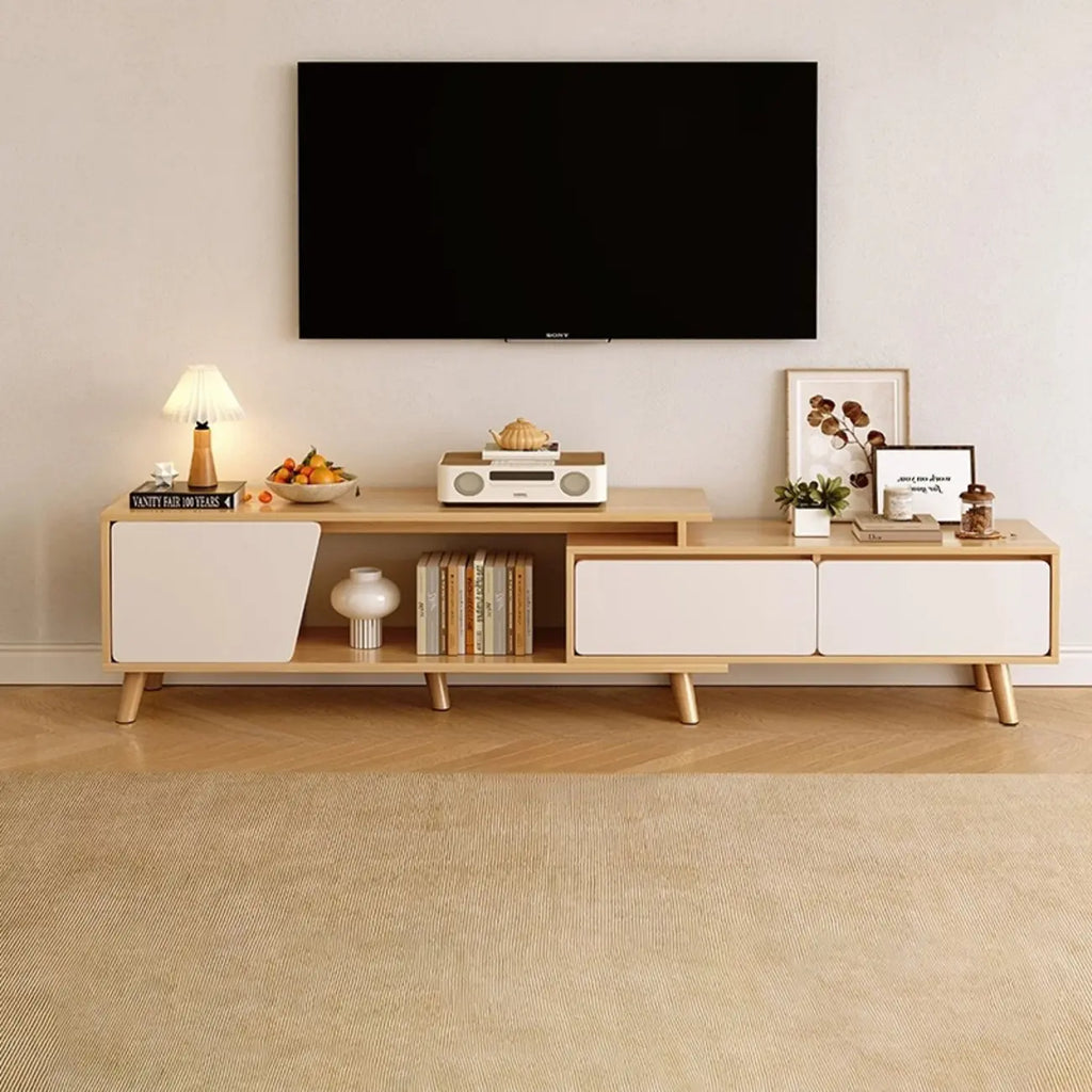 Mobile TV con cassetti portaoggetti aperti in legno naturale da 78,7" con gambe