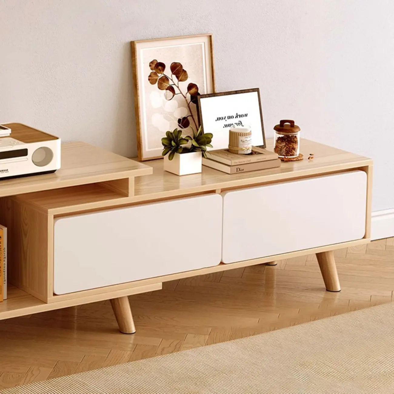Mobile TV con cassetti portaoggetti aperti in legno naturale da 78,7" con gambe