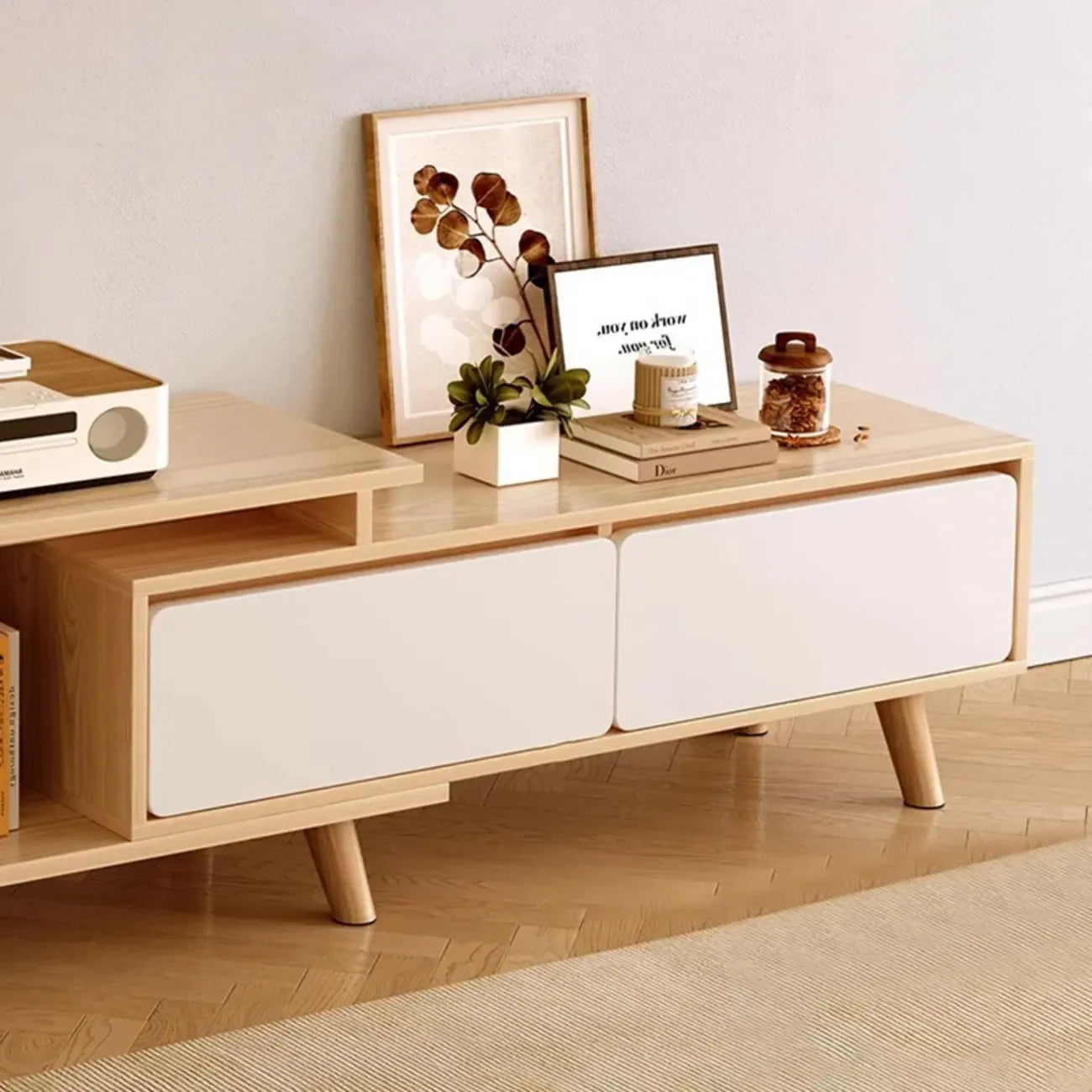 Mobile TV con cassetti portaoggetti aperti in legno naturale da 78,7" con gambe