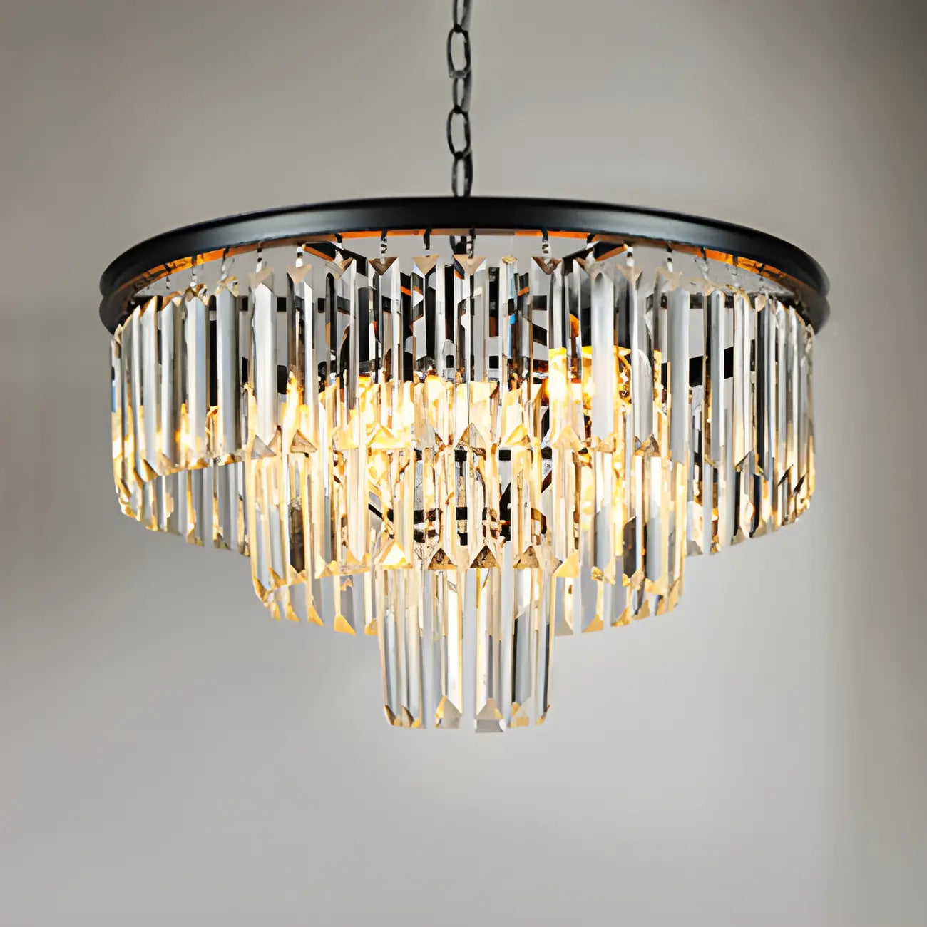 Lustre circulaire de luxe en cristal transparent à 3/4 niveaux